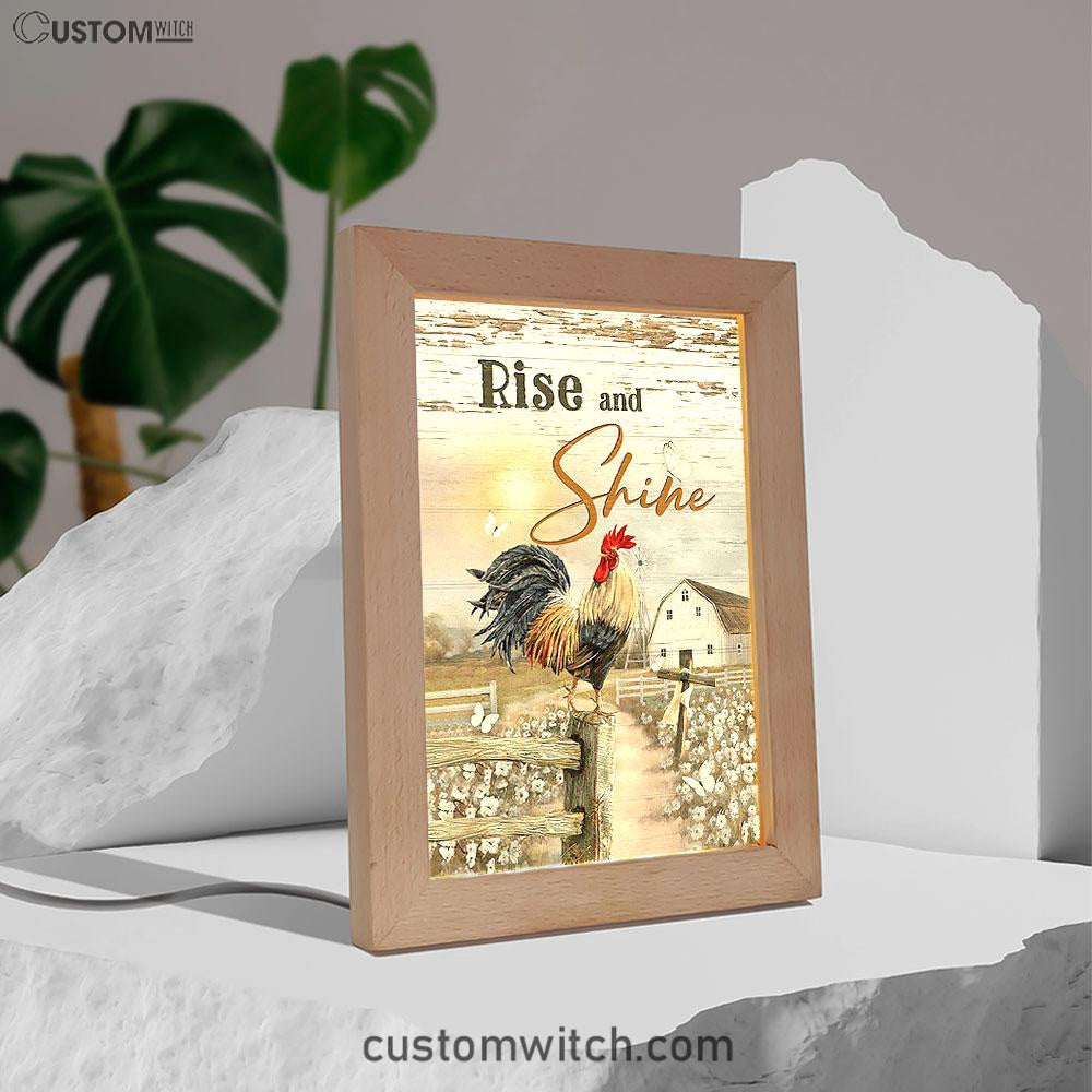 Rooster White Flower Field Sunset Rise And Shine Frame Lamp Art - Christian Night Light - Bible Verse Wooden Lamp