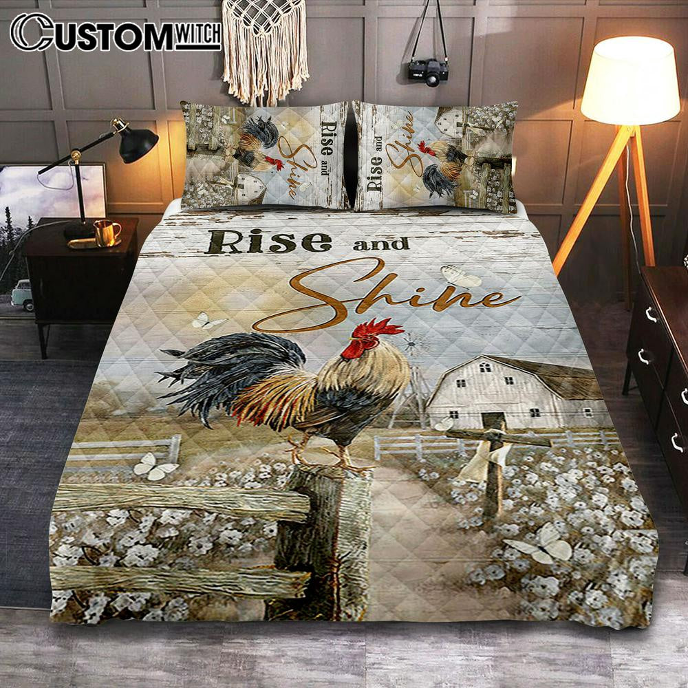 Rooster White Flower Field Sunset Rise And Shine Quilt Bedding Set Bedroom - Christian Quilt Bedding Set Prints - Bible Verse Quilt Bedding Set Art