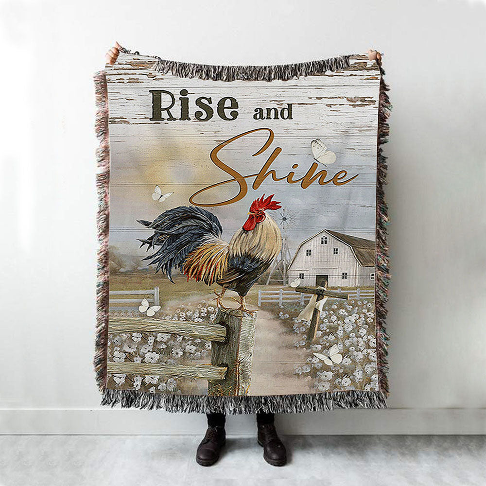 Rooster White Flower Field Sunset Rise And Shine Woven Throw Blanket - Christian Woven Blanket Prints - Bible Verse Woven Blanket Art