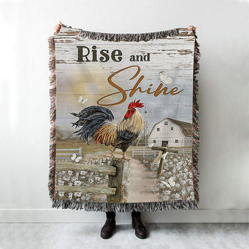 Rooster White Flower Field Sunset Rise And Shine Woven Throw Blanket - Christian Woven Blanket Prints - Bible Verse Woven Blanket Art