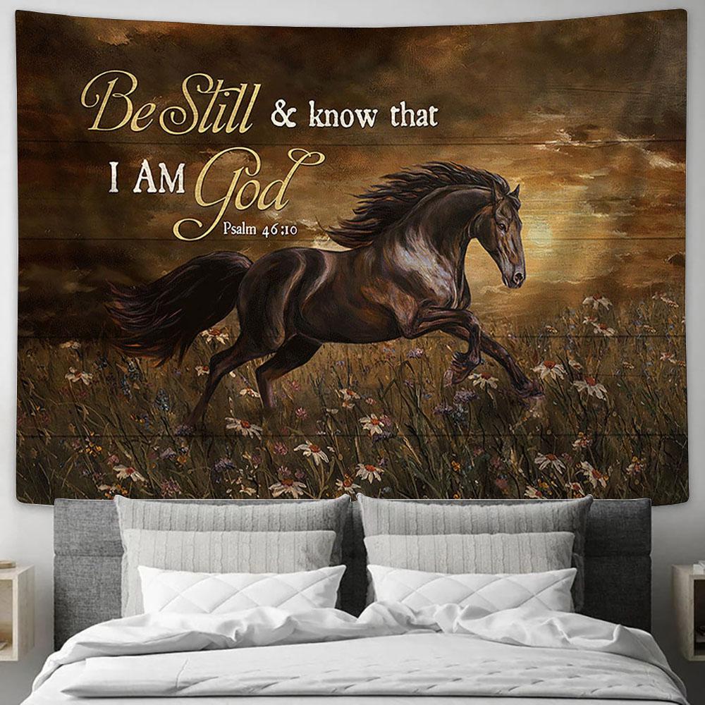 Running Horse Daisy Field Be Still And Know That I Am God Wall Art Tapestry - Christian Wall Decor - Gifts For Horse Lovers