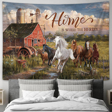 Running Horse Home Is Where The Herd Is Wall Art Tapestry - Christian Wall Decor - Gifts For Horse Lovers