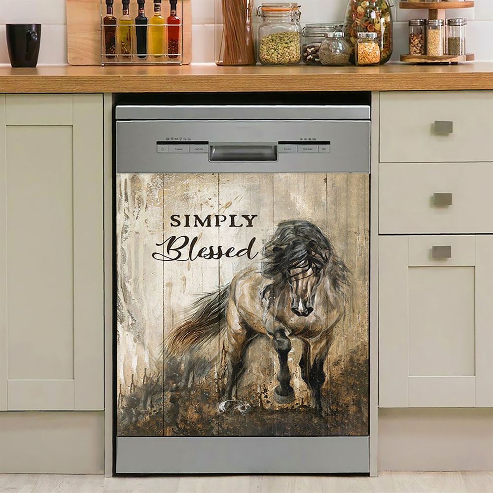 Running Horse Simply Blessed Dishwasher Cover, Inspirational Dishwasher Wrap, Christian Kitchen Decoration