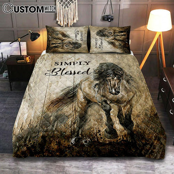 Running Horse Simply Blessed Quilt Bedding Set Print - Inspirational Quilt Bedding Set Art - Christian Bedroom Home Decor