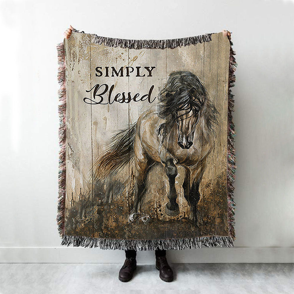 Running Horse Simply Blessed Woven Blanket Print - Inspirational Woven Blanket Art - Christian Throw Blanket Home Decor