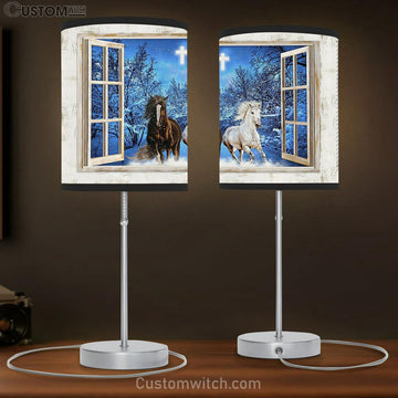 Running Horses Blue Night Crystal Cross Lamp Gift Table Lamp - Christian Bedroom Decor - Gifts For Horse Lovers