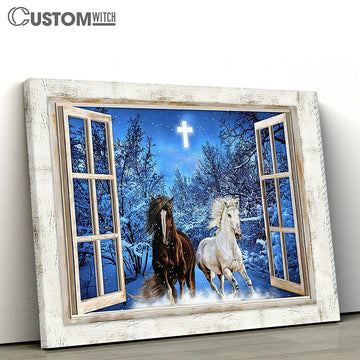 Running Horses Blue Night Crystal Cross Wall Art Canvas - Christian Wall Decor - Gifts For Horse Lovers