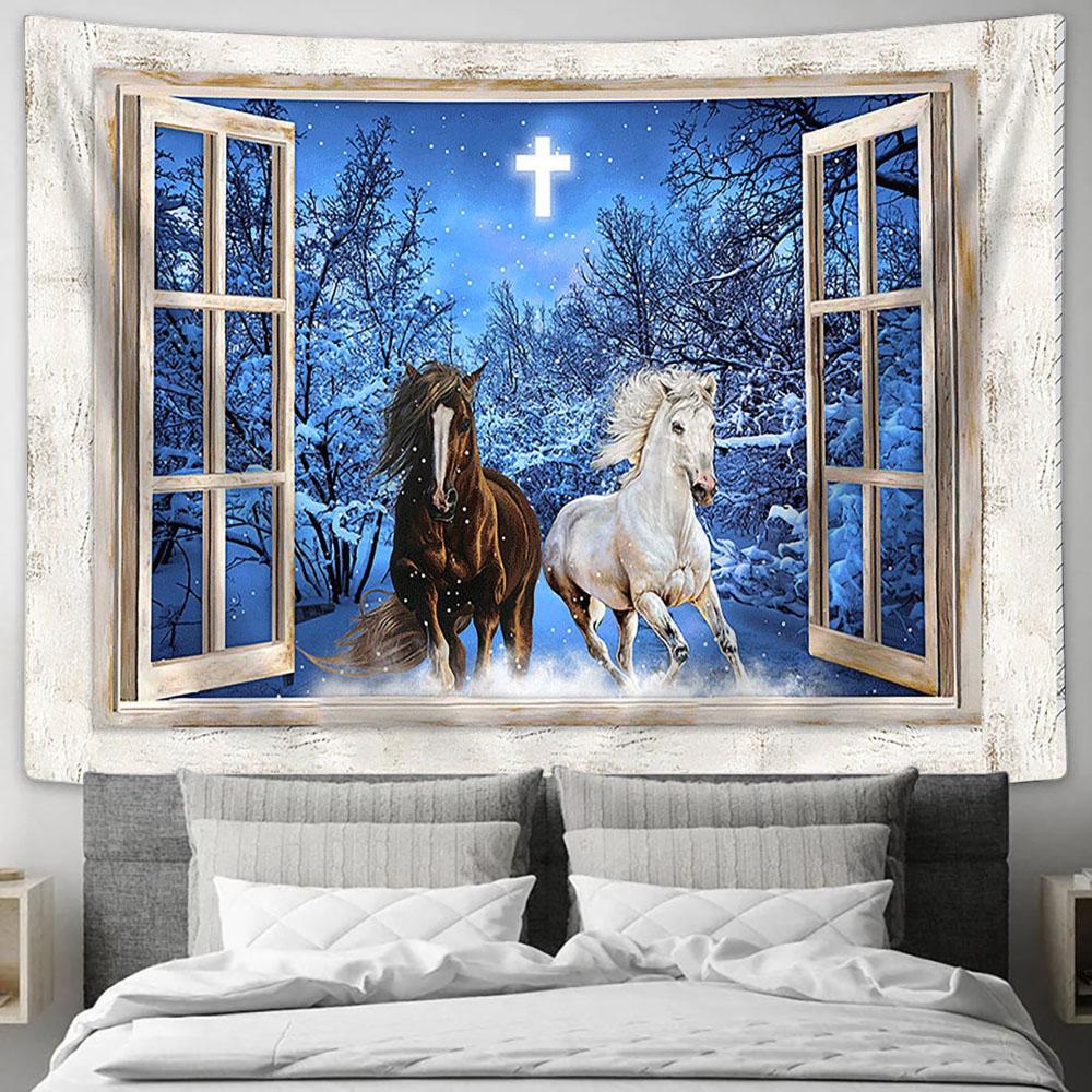 Running Horses Blue Night Crystal Cross Wall Art Tapestry - Christian Wall Decor - Gifts For Horse Lovers