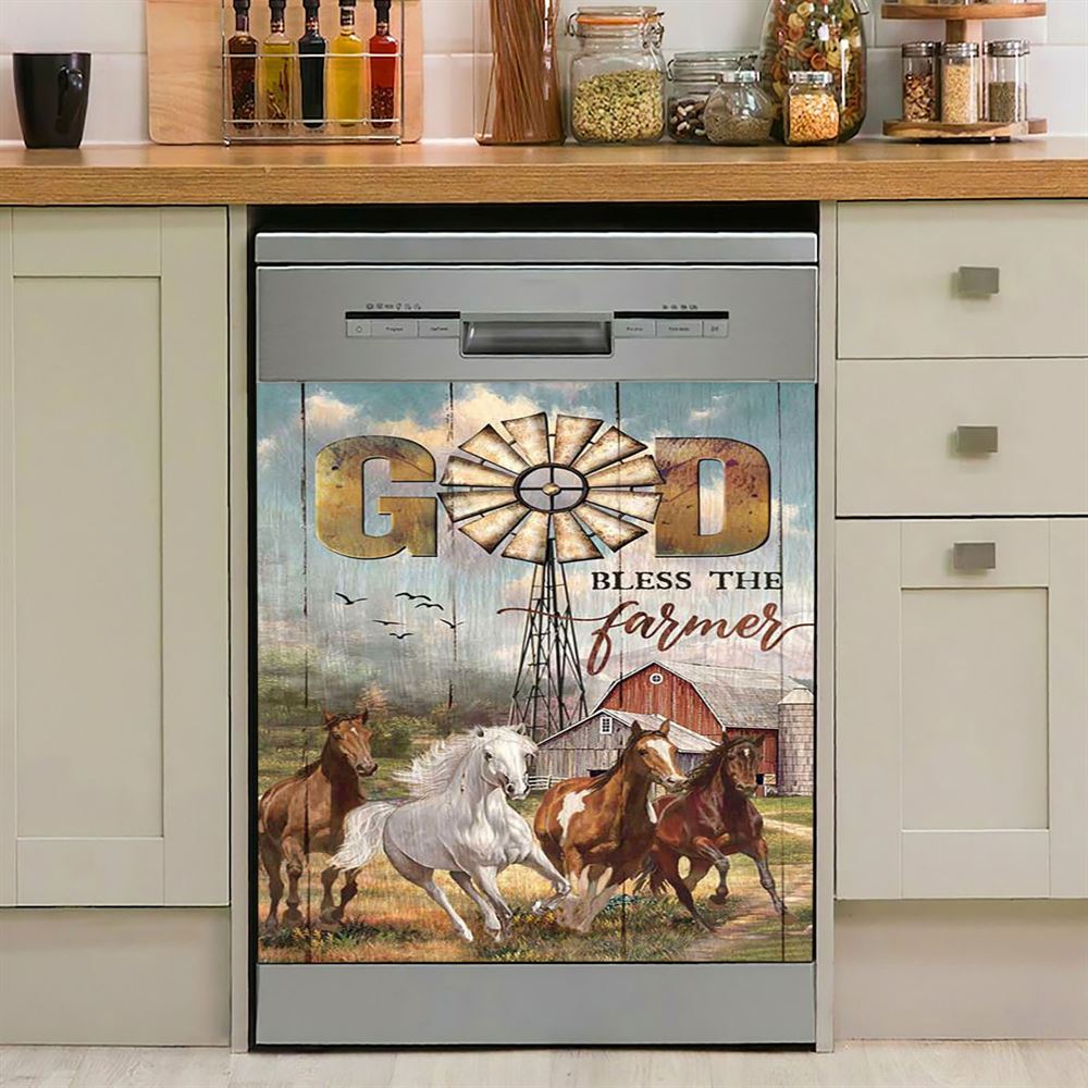 Running Horses God Bless The Farmer Dishwasher Cover, Inspirational Dishwasher Wrap, Christian Kitchen Decoration