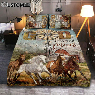 Running Horses God Bless The Farmer Quilt Bedding Set Print - Inspirational Quilt Bedding Set Art - Christian Bedroom Home Decor