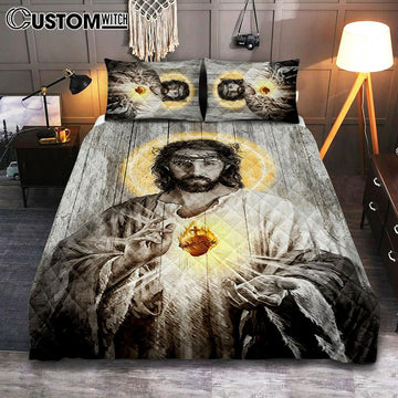 Sacred Heart Of Jesus Quilt Bedding Set Print - Inspirational Quilt Bedding Set Art - Christian Bedroom Home Decor