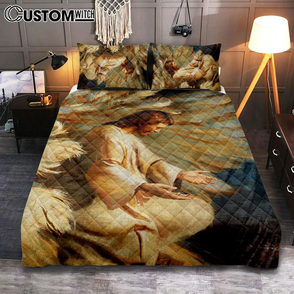 Saving Jesus Wings Feathers Quilt Bedding Set Prints - Jesus Christ Quilt Bedding Set Art - Christian Cover Twin Bedding Decor