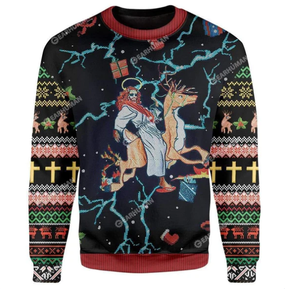 Jesus Riding Reindeer Black Christmas Ugly Christmas Sweater For Men & Women - Jesus Christ Sweater - Christian Shirts Gifts Idea