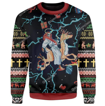 Jesus Riding Reindeer Black Christmas Ugly Christmas Sweater For Men & Women - Jesus Christ Sweater - Christian Shirts Gifts Idea