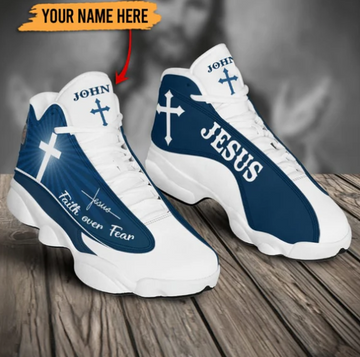Faith Over Fear Blue Jesus J13 Shoes - Personalized Name Faith Shoes - Jesus Shoes