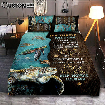 Sea Turtle Keep Moving Forward Quilt Bedding Set Print - Inspirational Quilt Bedding Set Art - Christian Bedroom Home Decor