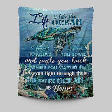 Sea Turtle Life Is Like The Ocean Tapestry Print - Inspirational Tapestry Art - Christian Wall Art Home Decor