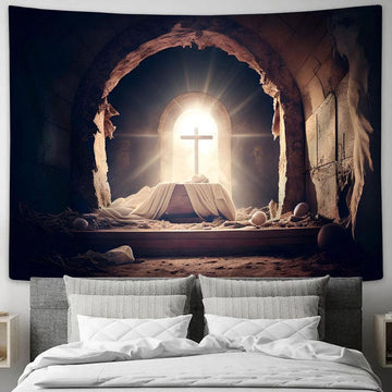 Sepulcher Of Empty Tomb Resurrection Jesus Christ Tapestry Pictures - Faith Art - Christian Tapestry Wall Art Decor