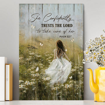 She Confidently Trusts The Lord To Take Care Of Her Green Flower Field White Butterfly Canvas Wall Art - Christian Canvas Prints