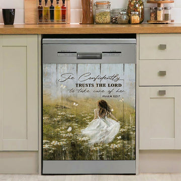 She Confidently Trusts The Lord To Take Care Of Her Green Flower Field White Butterfly Dishwasher Cover, Christian Dishwasher Wrap