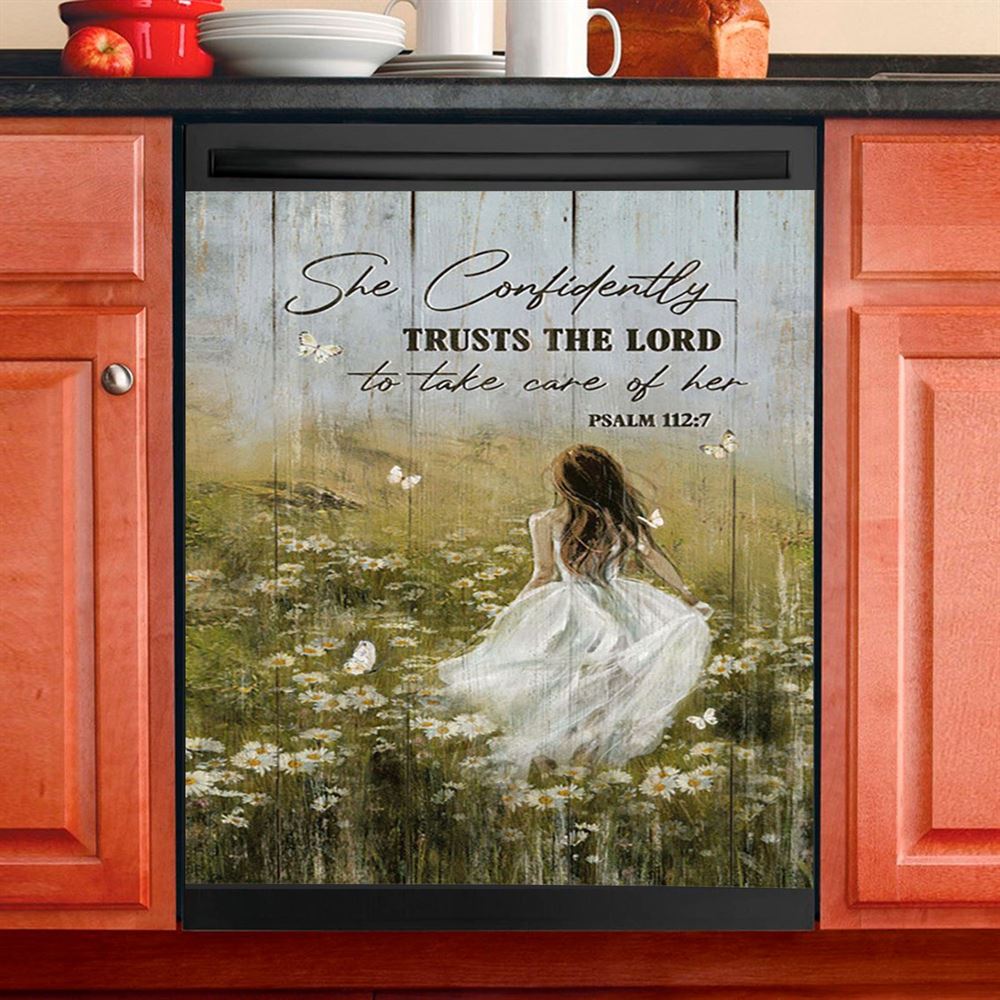 She Confidently Trusts The Lord To Take Care Of Her Green Flower Field White Butterfly Dishwasher Cover, Christian Dishwasher Wrap