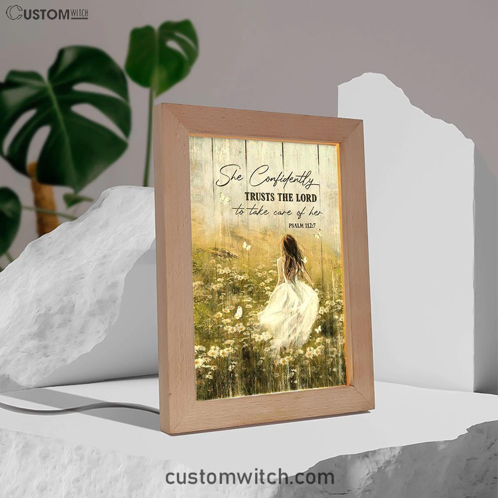 She Confidently Trusts The Lord To Take Care Of Her Green Flower Field White Butterfly Frame Lamp Art - Christian Night Light
