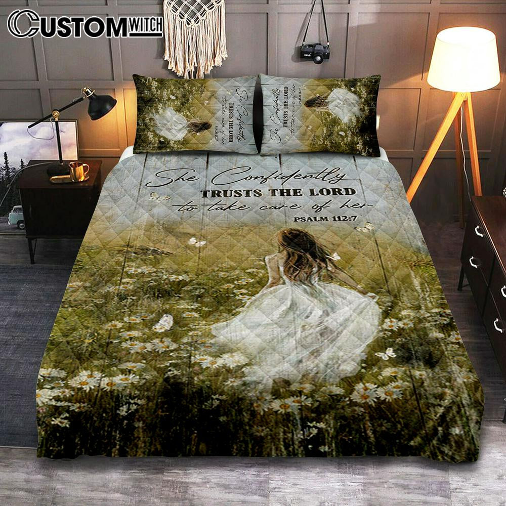 She Confidently Trusts The Lord To Take Care Of Her Green Flower Field White Butterfly Quilt Bedding Set Bedroom - Christian Quilt Bedding Set Prints
