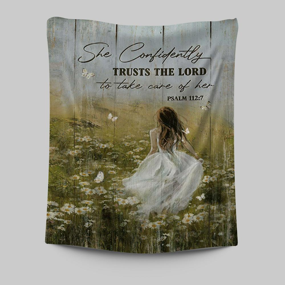 She Confidently Trusts The Lord To Take Care Of Her Green Flower Field White Butterfly Tapestry Wall Art - Christian Tapestries Prints