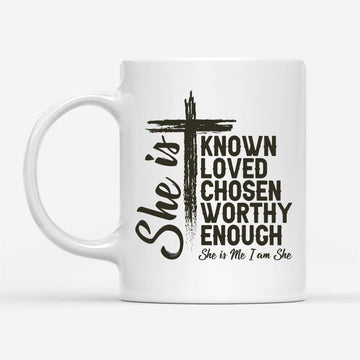 She Is Known Loved Chosen Worthy Enough Coffee Mug, Christian Gifts, Christian Mug, Bible Mug, Faith Gift, Encouragement Gift