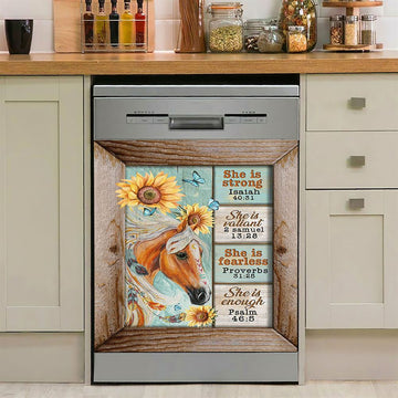 She Is Strong Horse Sunflower Butterfly Dishwasher Cover, Inspirational Dishwasher Wrap, Christian Kitchen Decoration