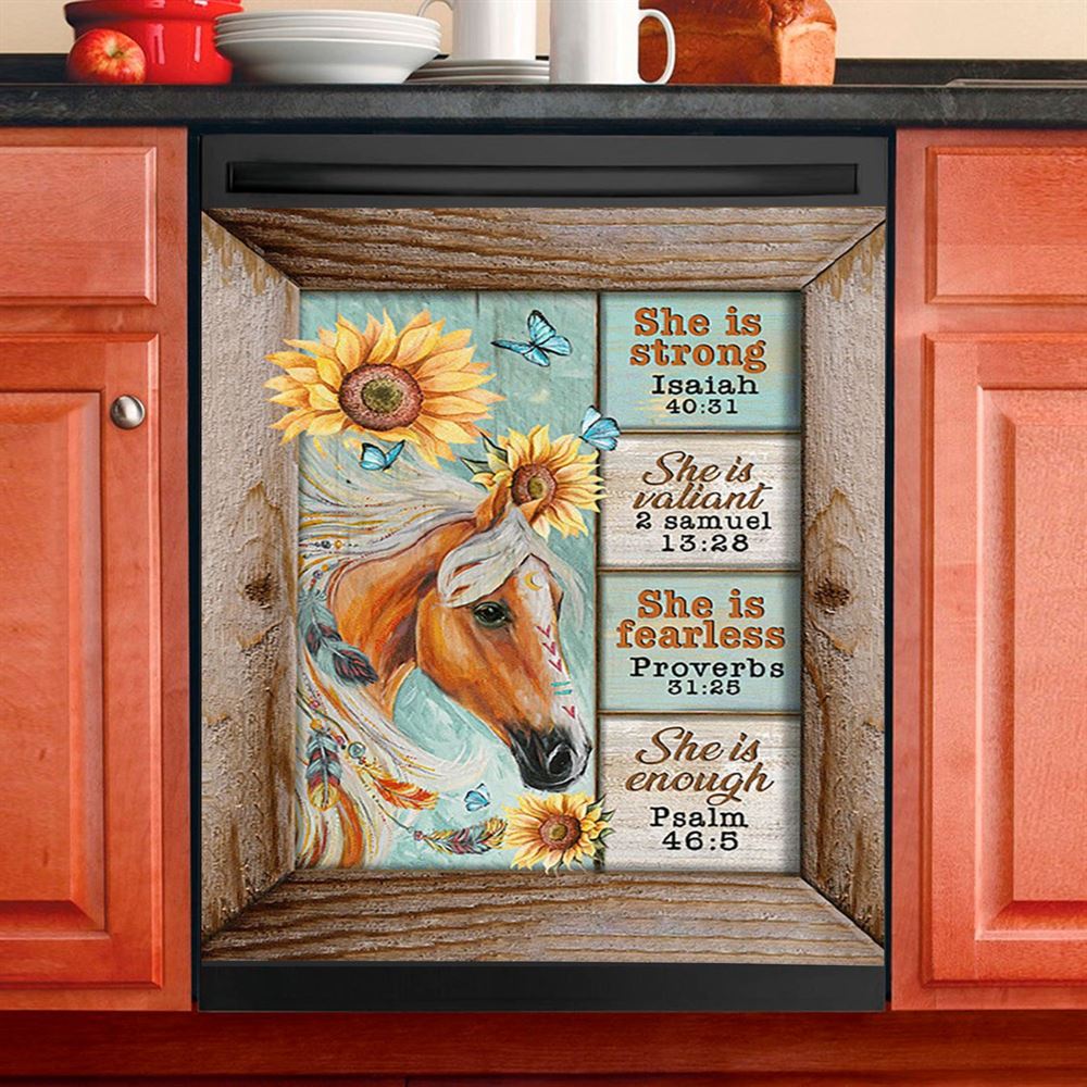 She Is Strong Horse Sunflower Butterfly Dishwasher Cover, Inspirational Dishwasher Wrap, Christian Kitchen Decoration
