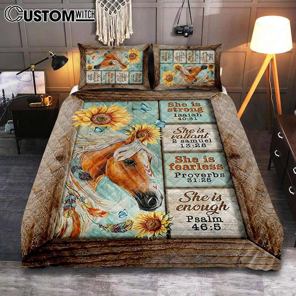 She Is Strong Horse Sunflower Butterfly Quilt Bedding Set Print - Inspirational Quilt Bedding Set Art - Christian Bedroom Home Decor