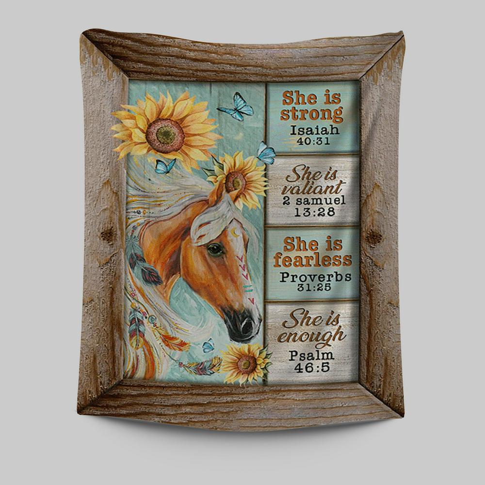 She Is Strong Horse Sunflower Butterfly Tapestry Print - Inspirational Tapestry Art - Christian Wall Art Home Decor