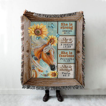 She Is Strong Horse Sunflower Butterfly Woven Blanket Print - Inspirational Woven Blanket Art - Christian Throw Blanket Home Decor