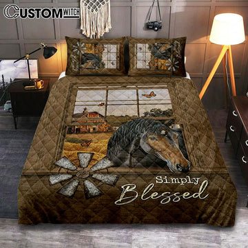 Simply Blessed Black Horse Windmill - Quilt Bedding Set Bedroom - Bible Verse Quilt Bedding Set Art - Christian Home Decor
