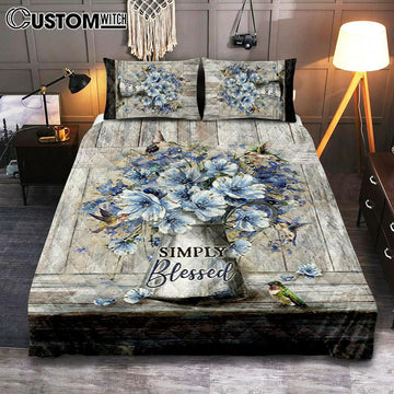 Simply Blessed Blue Daisy Flower Quilt Bedding Set Bedroom - Bible Verse Quilt Bedding Set Art - Christian Home Decor