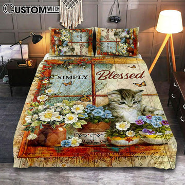 Simply Blessed Cat Butterfly Quilt Bedding Set Print - Inspirational Quilt Bedding Set Art - Christian Bedroom Home Decor