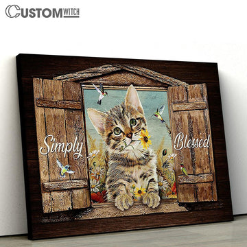 Simply Blessed Cat Yellow Daisy Hummingbird Canvas Wall Art - Bible Verse Canvas - Religious Prints