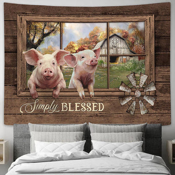 Simply Blessed Happy Pig Old Windmill Tapestry Art - Christian Wall Art Decor - Bible Verse Tapestry