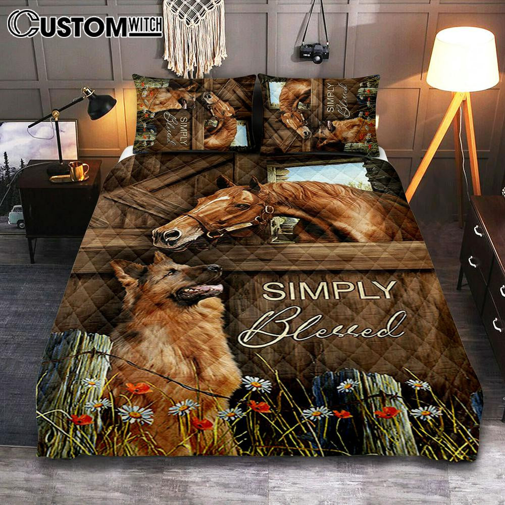 Simply Blessed Horse German Shepherd Quilt Bedding Set Print - Inspirational Quilt Bedding Set Art - Christian Bedroom Home Decor