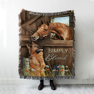 Simply Blessed Horse German Shepherd Woven Blanket Print - Inspirational Woven Blanket Art - Christian Throw Blanket Home Decor