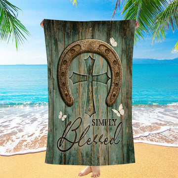 Simply Blessed Horseshoe Cross White Butterfly Beach Towel - Christian Beach Towel - Bible Verse Beach Towel