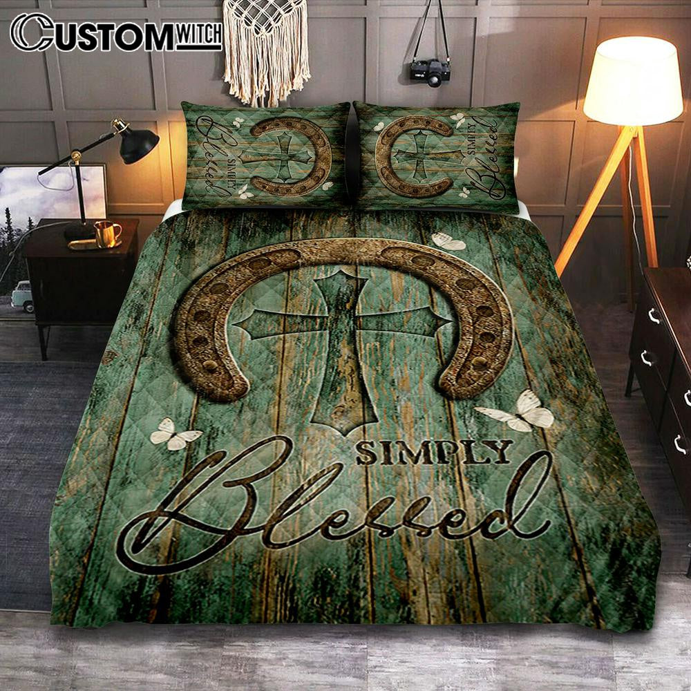 Simply Blessed Horseshoe Cross White Butterfly Quilt Bedding Set Bedroom - Christian Quilt Bedding Set Prints - Bible Verse Quilt Bedding Set Art