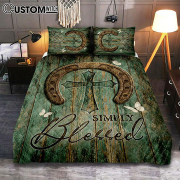 Simply Blessed Horseshoe Cross White Butterfly Quilt Bedding Set Bedroom - Christian Quilt Bedding Set Prints - Bible Verse Quilt Bedding Set Art
