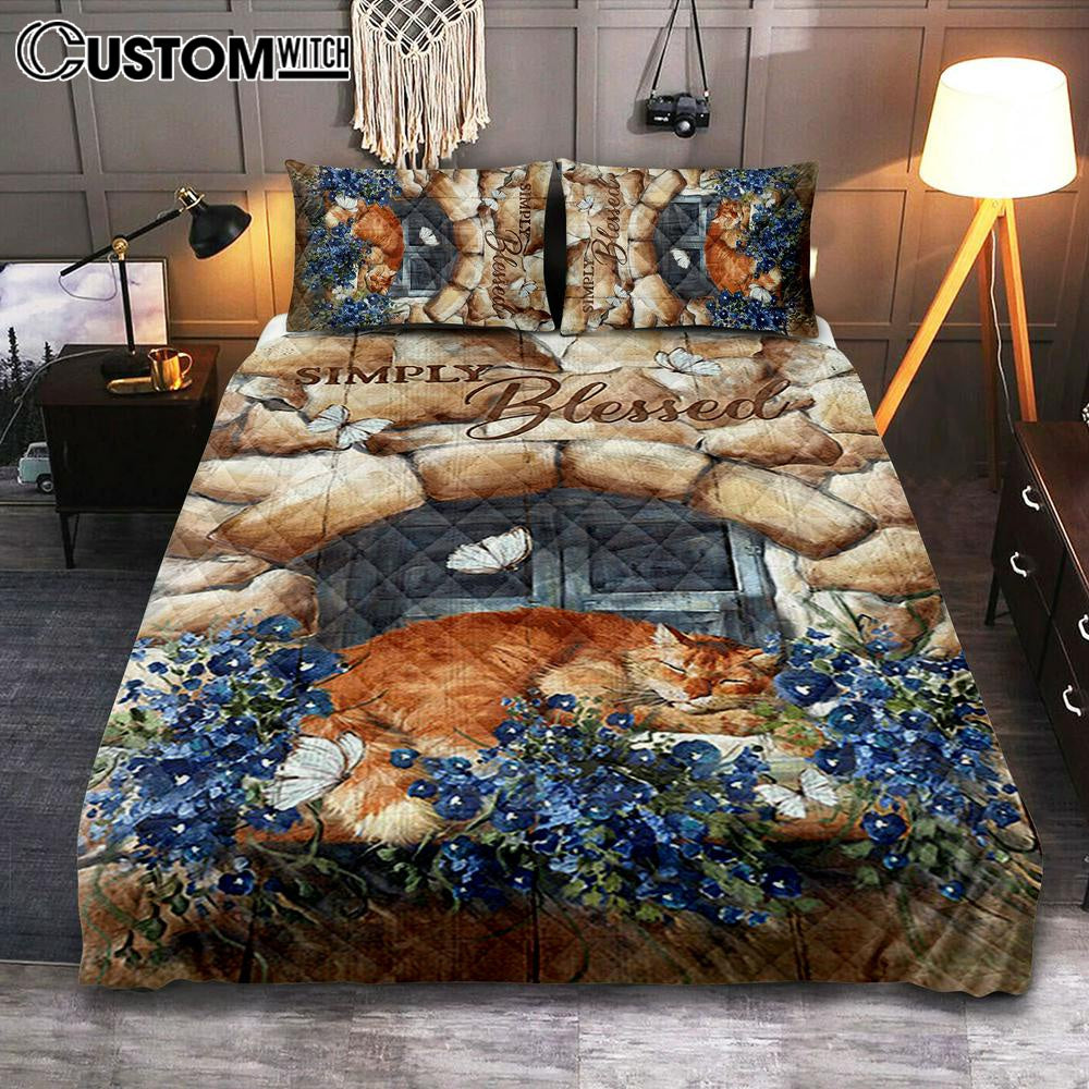 Simply Blessed Sleeping Cat Stone Cover Twin Bedding Quilt Bedding Set Bedroom - Bible Verse Quilt Bedding Set Art - Christian Home Decor
