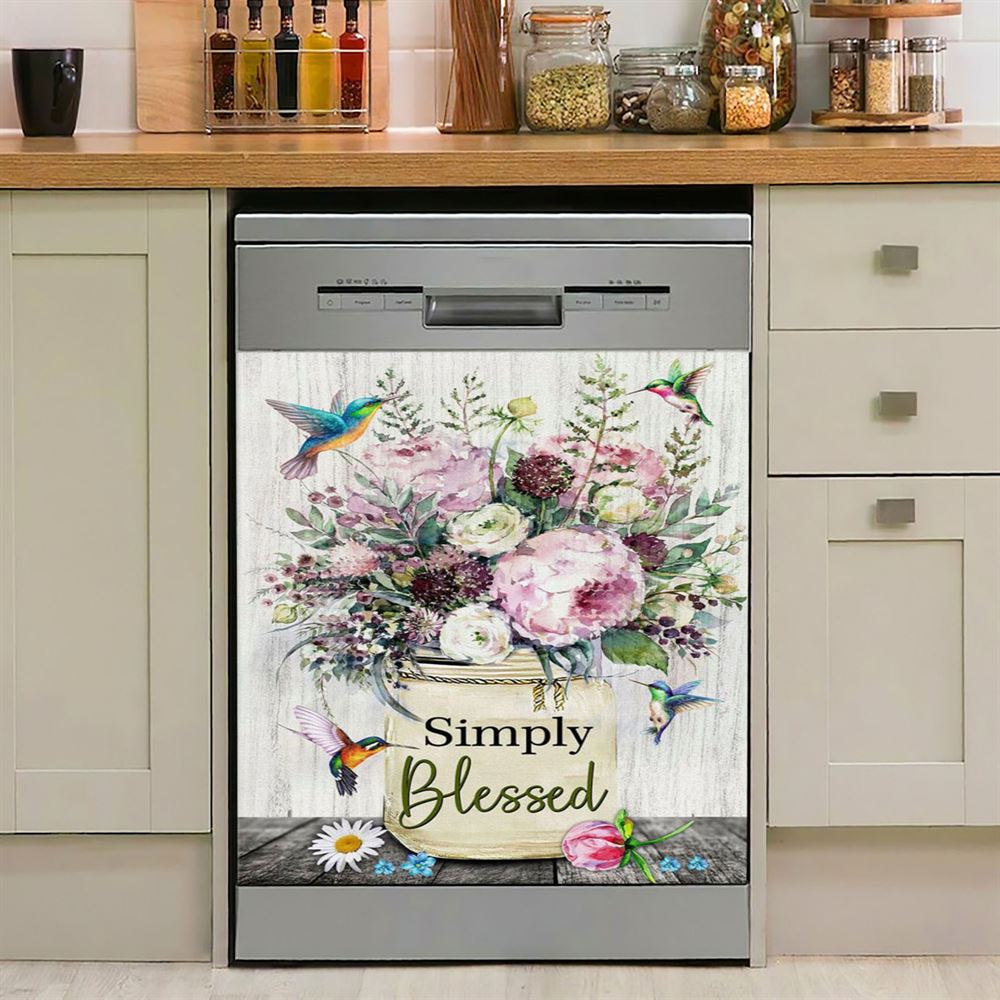 Simply Blessed Sunflower Hummingbird Dishwasher Cover, Inspirational Dishwasher Wrap, Christian Kitchen Decoration