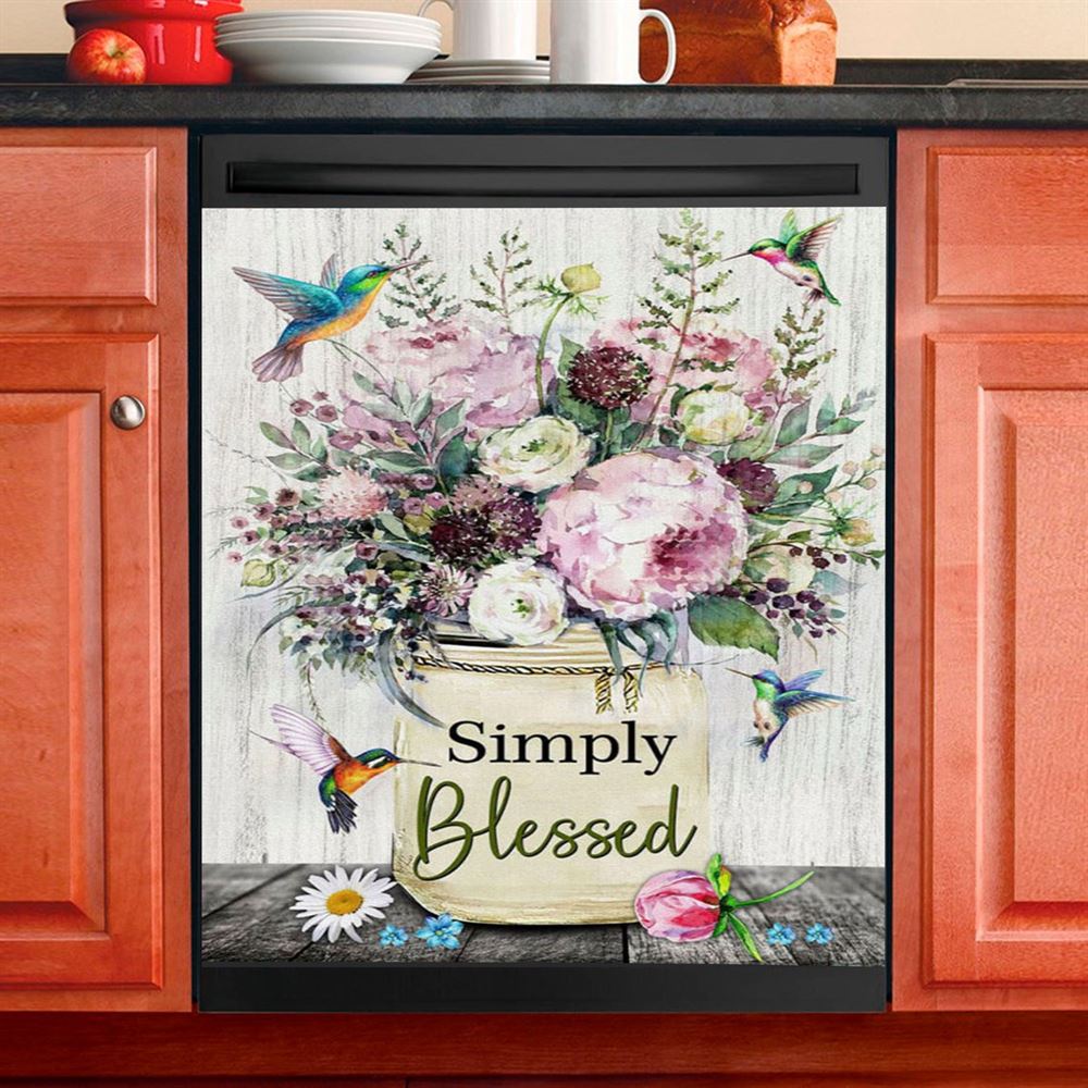 Simply Blessed Sunflower Hummingbird Dishwasher Cover, Inspirational Dishwasher Wrap, Christian Kitchen Decoration
