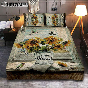 Simply Blessed Sunflower Hummingbird Quilt Bedding Set Print - Inspirational Quilt Bedding Set Art - Christian Bedroom Home Decor