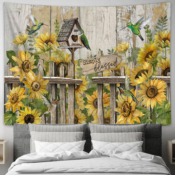 Simply Blessed Sunflower Hummingbird Tapestry Art - Bible Verse Wall Art - Wall Decor Christian
