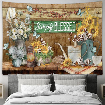 Simply Blessed Sunflower White Flower Blue Butterfly Large Tapestry - Christian Tapestry Prints - Religious Tapestry Art